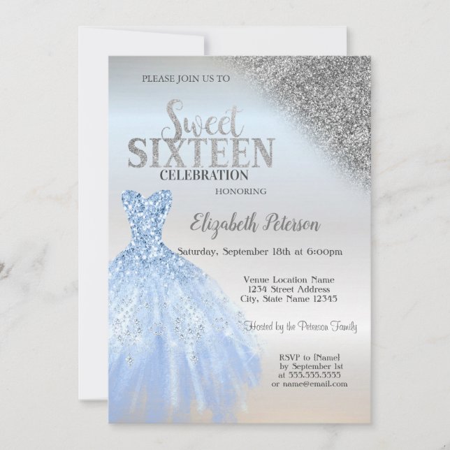 Silver Glitter Bokeh, Blå Klänning Silver Sweet 16 Inbjudningar (Framsida)