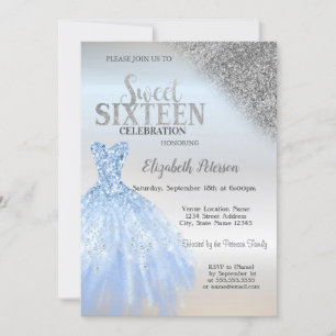 Silver Glitter Bokeh, Blå Klänning Silver Sweet 16 Inbjudningar