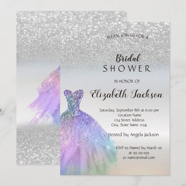 Silver Glitter Bokeh, Elegant Bröllopskjol Bröllop Inbjudningar (Fram/baksida)