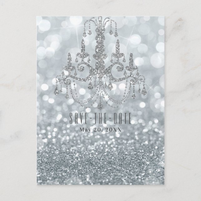 Silver Glitter Bokeh Glam Ljuskrona Spara Datum Meddelande Vykort (Framsida)