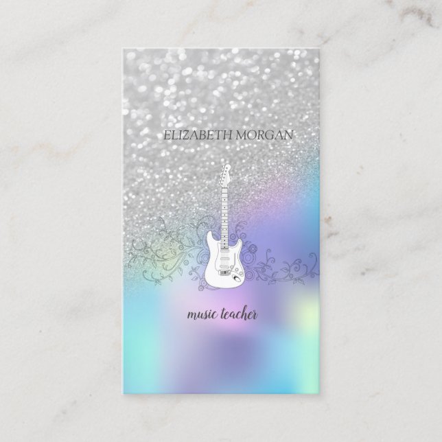 Silver Glitter Bokeh, Guitar, Blue Holografik Visitkort (Framsida)