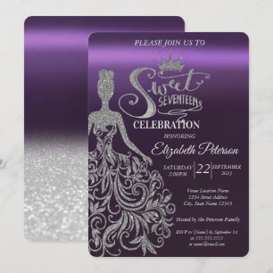 Silver Glitter Bokeh,Klänning,Tiara,Lila Sweet 17 Inbjudningar