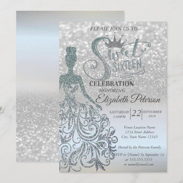 Silver Glitter Bokeh Ombre, Dress, Tiara, Sweet 16 Inbjudningar (Fram/baksida)