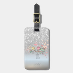 Silver Glitter Bokeh Ombre, Fåglar - Personlig Bagagebricka