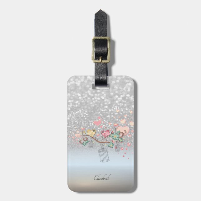 Silver Glitter Bokeh Ombre, Fåglar - Personlig Bagagebricka (Vertikal Framsida)