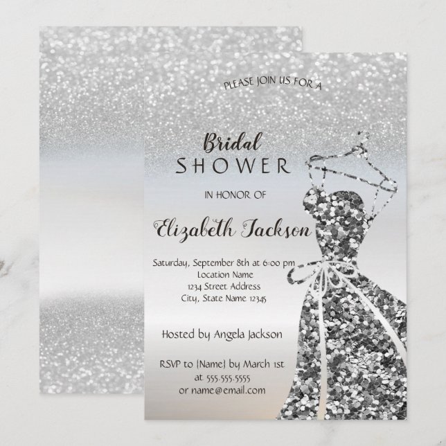Silver Glitter Bokeh, Pailletter Klänning Bröllops Inbjudningar (Fram/baksida)