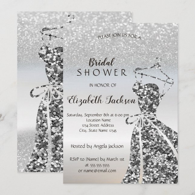 Silver Glitter Bokeh Paljetter Klänning Bröllopsfe Inbjudningar (Fram/baksida)