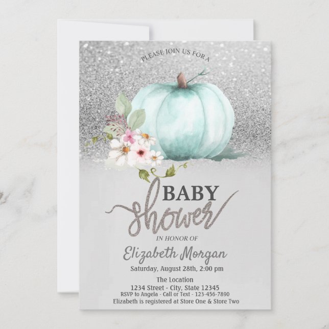 Silver Glitter Bokeh, Pumpkin Baby Shower Inbjudningar (Framsida)