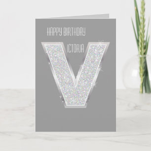 Silver Glitter Bokstav V Kort