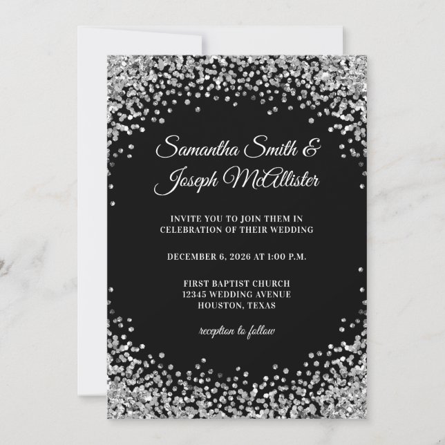 Silver Glitter Border Black Wedding Inbjudningar (Framsida)