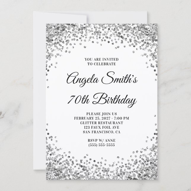 Silver Glitter Border White 70th Birthday Inbjudningar (Framsida)
