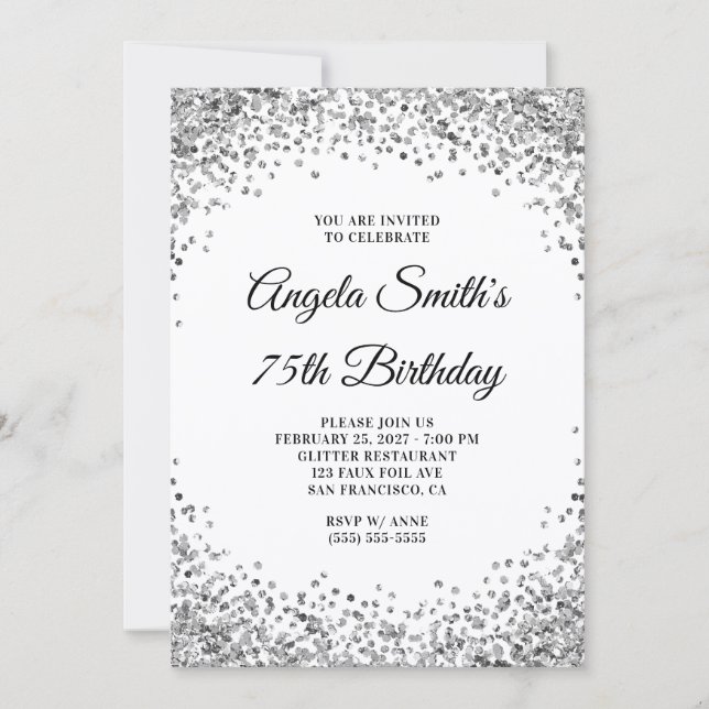 Silver Glitter Border White 75th Birthday Inbjudningar (Framsida)