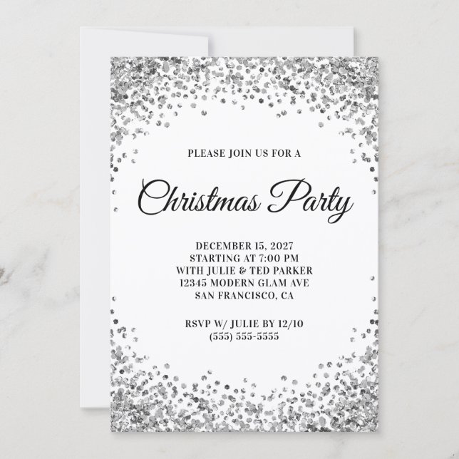 Silver Glitter Border White Christmas Party Inbjudningar (Framsida)