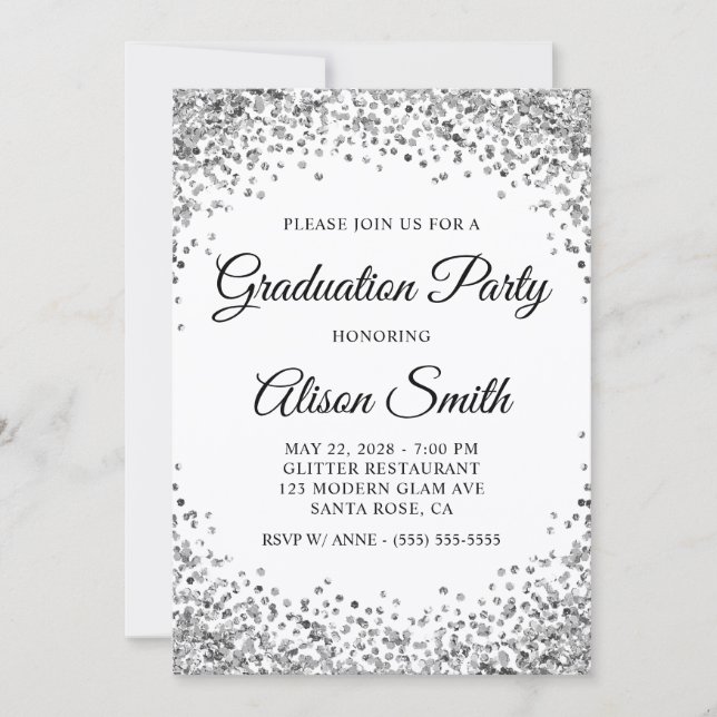 Silver Glitter Border White Graduation Party Inbjudningar (Framsida)