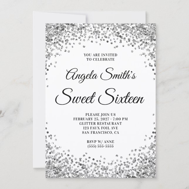 Silver Glitter Border White Sweet Sixteen Inbjudningar (Framsida)