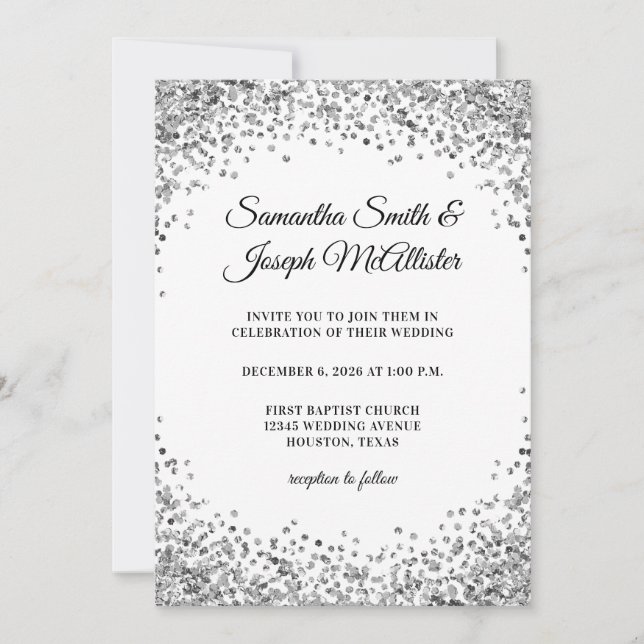 Silver Glitter Border White Wedding Inbjudningar (Framsida)