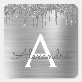 Silver Glitter Borstad Metall Monogram Namn Fyrkantigt Klistermärke