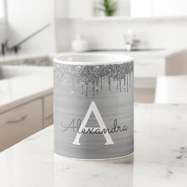 Silver Glitter Borstad Metall Monogram Namn Kaffemugg