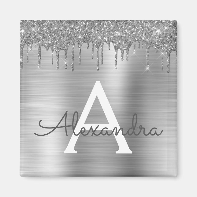 Silver Glitter Borstad Metall Monogram Namn Magnet (Framsidan)
