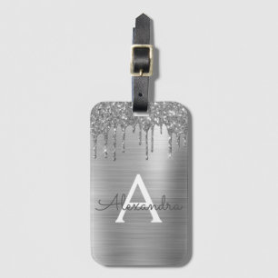Silver Glitter Borstad Metall Monogramnamn Bagagebricka