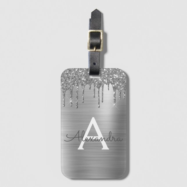 Silver Glitter Borstad Metallisk Monogram Namn Bagagebricka (Framsida vertikal)
