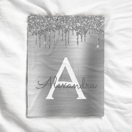Silver Glitter Borstad Metallisk Monogram Namn Fleecefilt