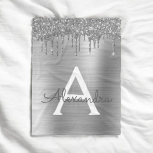 Silver Glitter Borstad Metallisk Monogram Namn Fleecefilt