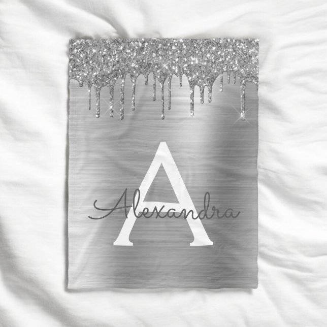 Silver Glitter Borstad Metallisk Monogram Namn Fleecefilt (Skapare uppladdad)