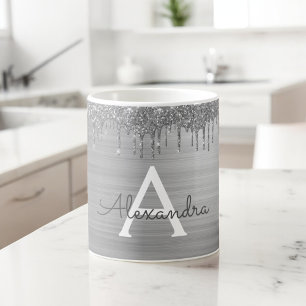 Silver Glitter Borstad Metallisk Monogram Namn Kaffemugg