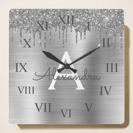 Silver Glitter, borstat Metall Monogram Namn Fyrkantig Klocka