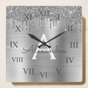 Silver Glitter, borstat Metall Monogram Namn Fyrkantig Klocka