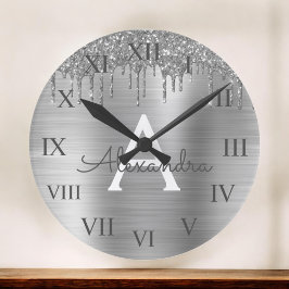 Silver Glitter, borstat Metall Monogram Namn Stor Klocka