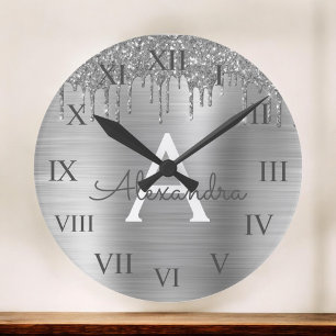 Silver Glitter, borstat Metall Monogram Namn Stor Klocka