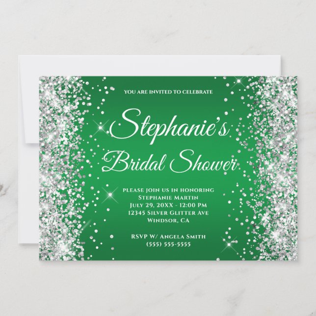 Silver Glitter Bright Grönt Ombre Finare Monogram Inbjudningar (Framsida)