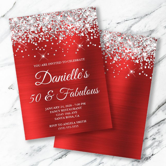 Silver Glitter Bright Red Foil 50 och Fabulous Inbjudningar (Skapare uppladdad)