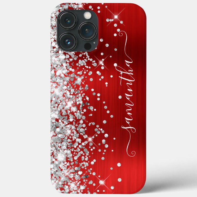Silver Glitter Bright Red Modern Girly Namntecknin (Baksida)