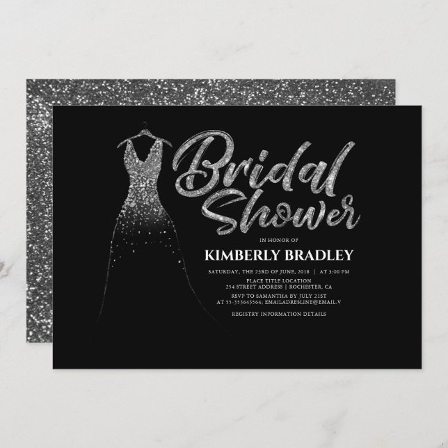 Silver Glitter Bröllop Dress Black, Möhippa Inbjudningar (Fram/baksida)