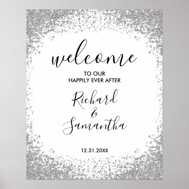 Silver Glitter Bröllops Välkomstskylt Poster (Framsidan)