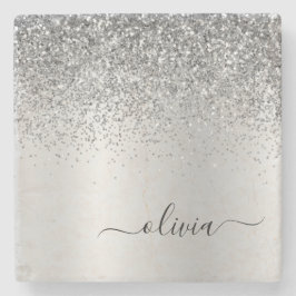 Silver Glitter Brushed Girly Monogram Namn Stenunderlägg