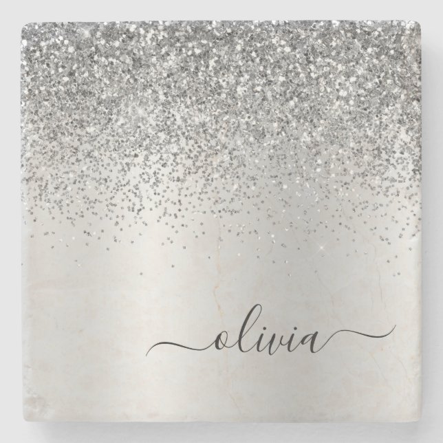 Silver Glitter Brushed Girly Monogram Namn Stenunderlägg (Framsidan)