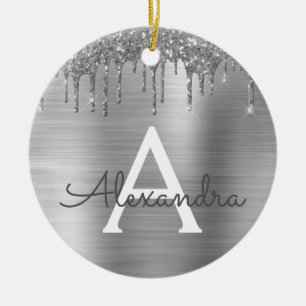 Silver Glitter Brushed Metall Monogram Namn Julgransprydnad Keramik