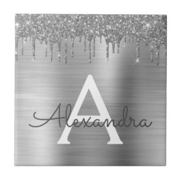 Silver Glitter Brushed Metall Monogram Namn Kakelplatta