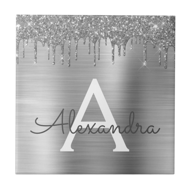 Silver Glitter Brushed Metall Monogram Namn Kakelplatta (Framsidan)