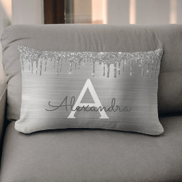 Silver Glitter Brushed Metall Monogram Namn Lumbarkudde