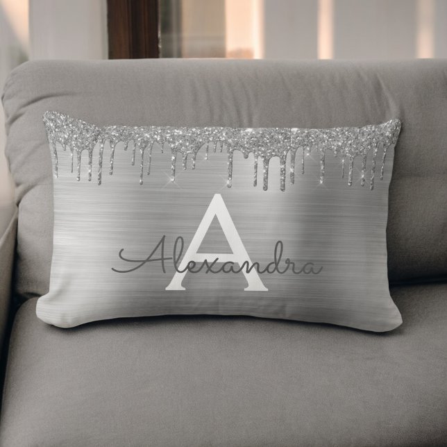 Silver Glitter Brushed Metall Monogram Namn Lumbarkudde (Skapare uppladdad)