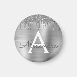 Silver Glitter Brushed Metall Monogram Namn Magnet