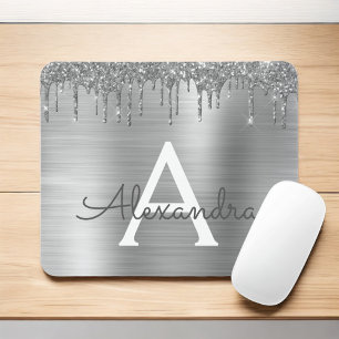 Silver Glitter Brushed Metall Monogram Namn Musmatta