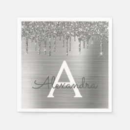 Silver Glitter Brushed Metall Monogram Namn Pappersservett