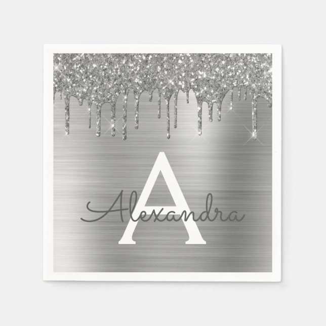 Silver Glitter Brushed Metall Monogram Namn Pappersservett (Framsidan)
