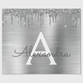 Silver Glitter Brushed Metall Monogram Namn Presentpapper